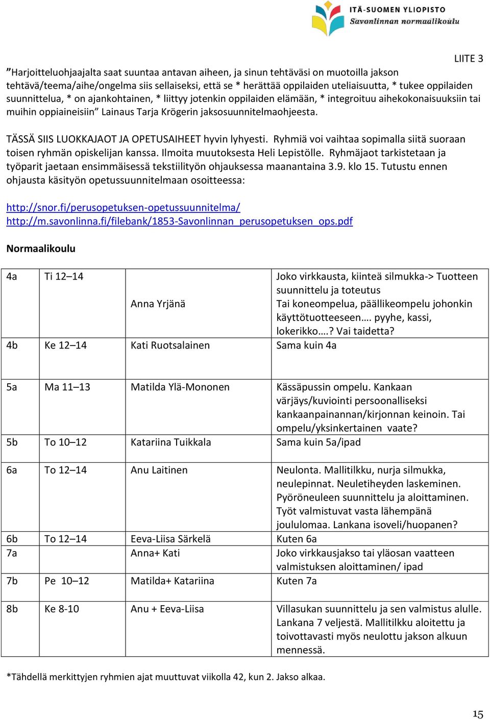 TÄSSÄ SIIS LUOKKAJAOT JA OPETUSAIHEET hyvin lyhyesti. Ryhmiä voi vaihtaa sopimalla siitä suoraan toisen ryhmän opiskelijan kanssa. Ilmoita muutoksesta Heli Lepistölle.