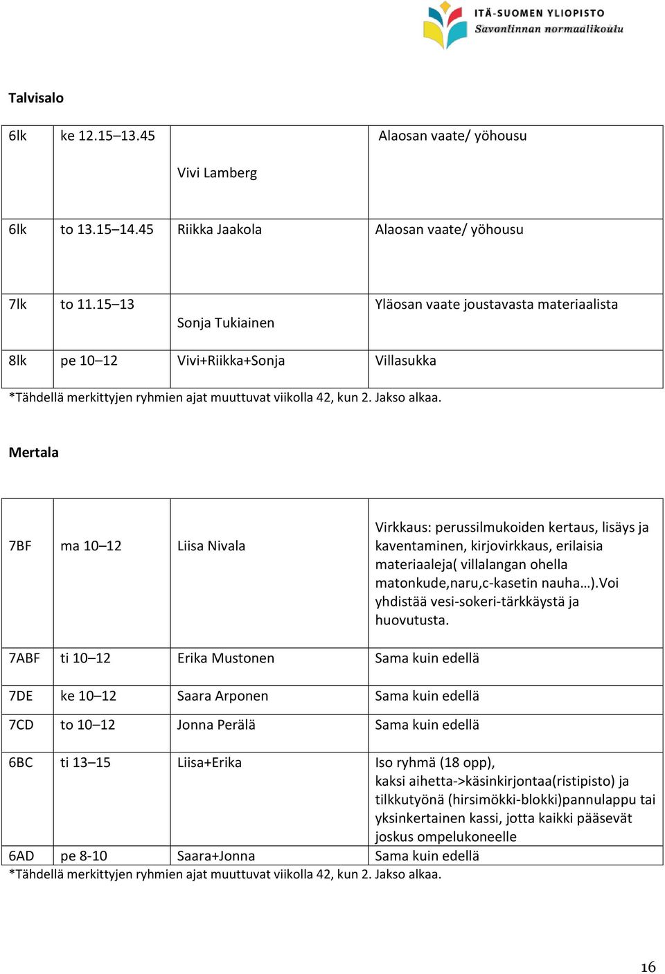 Mertala 7BF ma 10 12 Liisa Nivala Virkkaus: perussilmukoiden kertaus, lisäys ja kaventaminen, kirjovirkkaus, erilaisia materiaaleja( villalangan ohella matonkude,naru,c-kasetin nauha ).