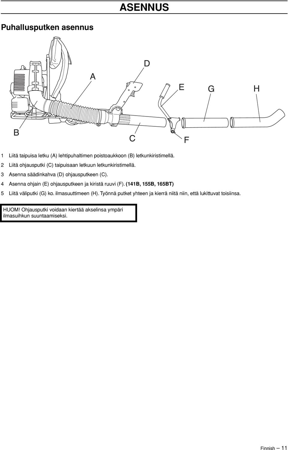 4 Asenna ohjain (E) ohjausputkeen ja kiristä ruuvi (F). (141B, 155B, 165BT) 5 Liitä väliputki (G) ko. ilmasuuttimeen (H).