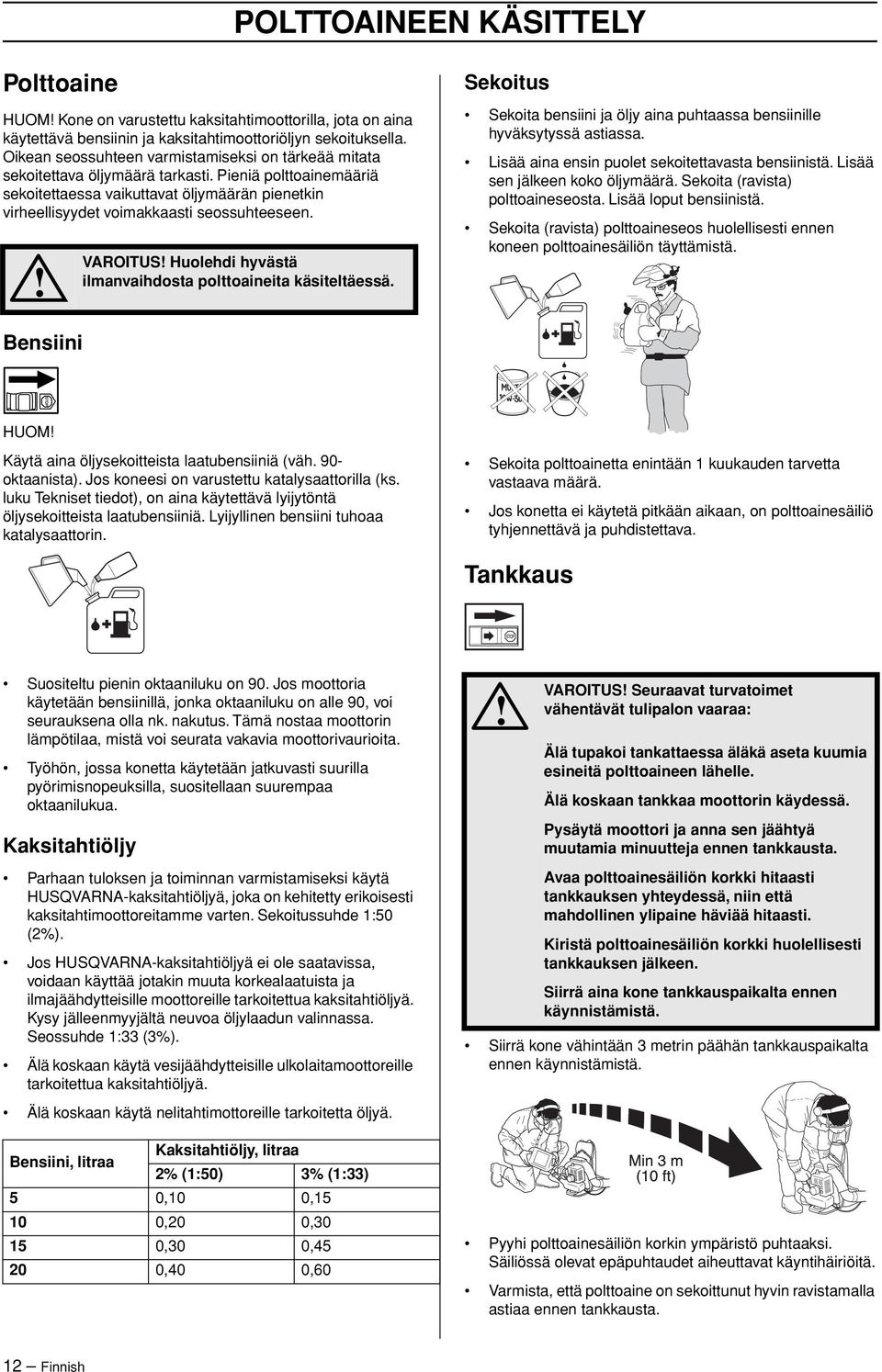 Pieniä polttoainemääriä sekoitettaessa vaikuttavat öljymäärän pienetkin virheellisyydet voimakkaasti seossuhteeseen. VAROITUS Huolehdi hyvästä ilmanvaihdosta polttoaineita käsiteltäessä.