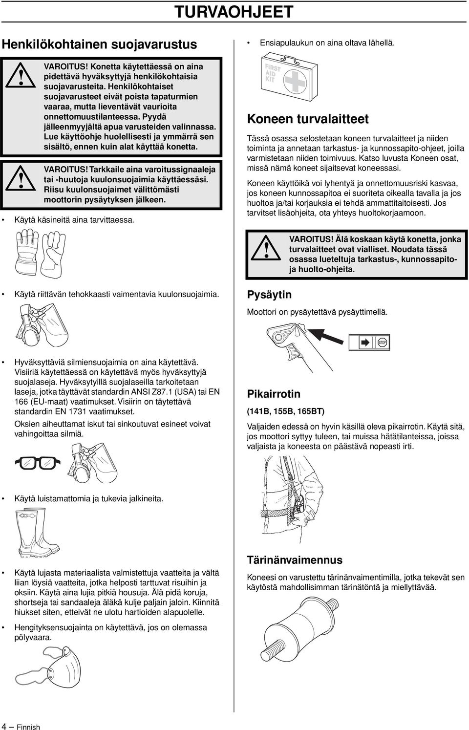 Lue käyttöohje huolellisesti ja ymmärrä sen sisältö, ennen kuin alat käyttää konetta. VAROITUS Tarkkaile aina varoitussignaaleja tai -huutoja kuulonsuojaimia käyttäessäsi.