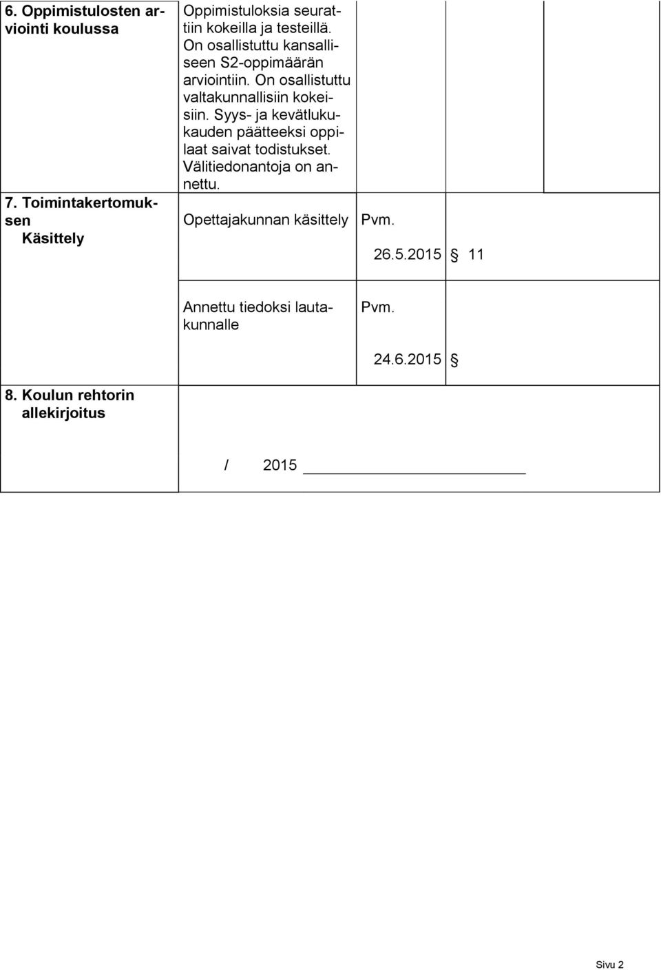 On osallistuttu kansalliseen S2-oppimäärän arviointiin. On osallistuttu valtakunnallisiin kokeisiin.