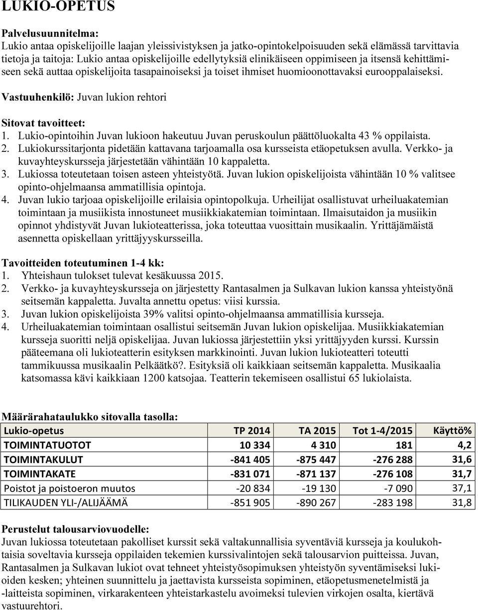 Lukio-opintoihin Juvan lukioon hakeutuu Juvan peruskoulun päättöluokalta 43 % oppilaista. 2. Lukiokurssitarjonta pidetään kattavana tarjoamalla osa kursseista etäopetuksen avulla.