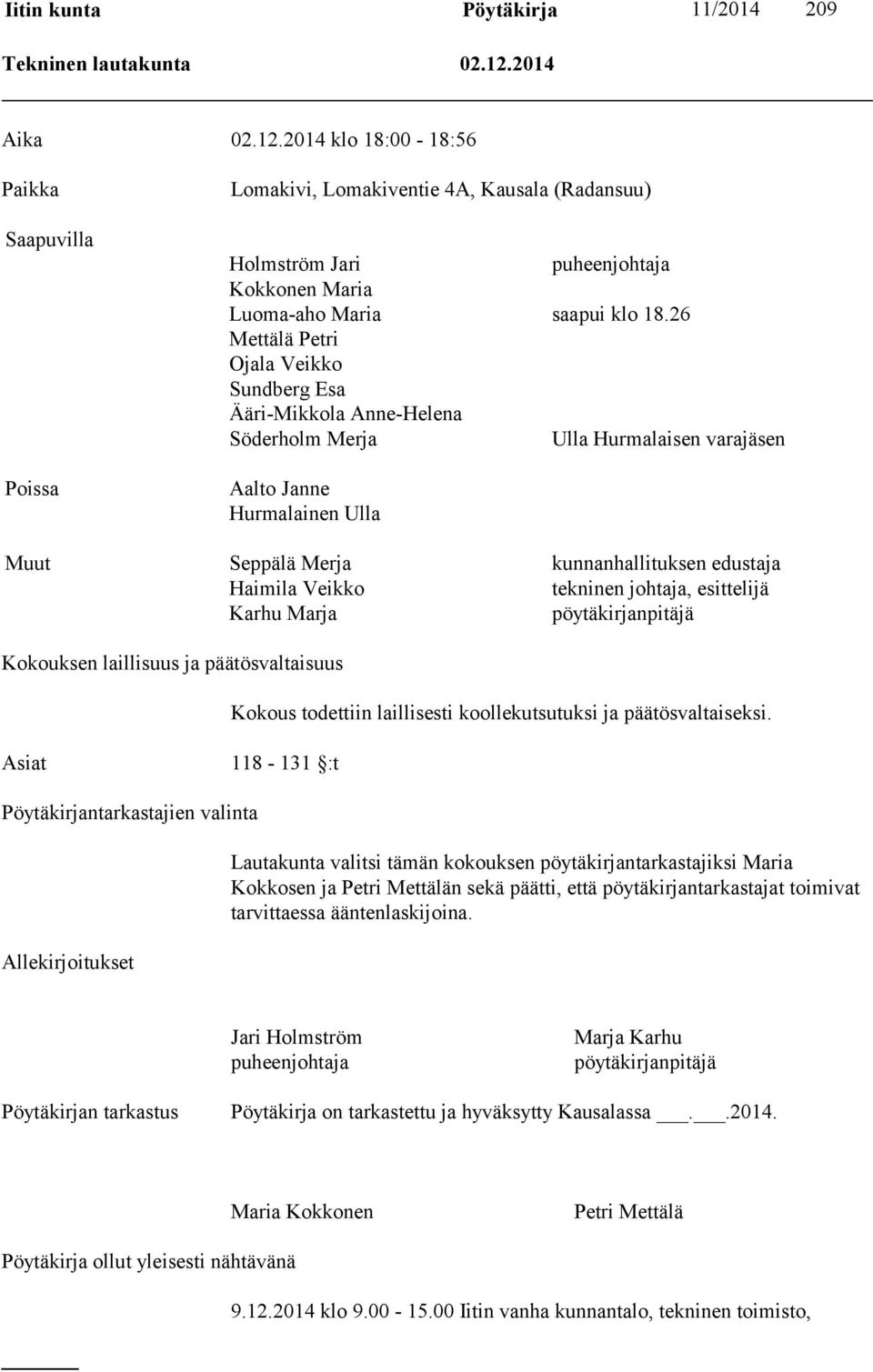 26 Mettälä Petri Ojala Veikko Sundberg Esa Ääri-Mikkola Anne-Helena Söderholm Merja Ulla Hurmalaisen varajäsen Aalto Janne Hurmalainen Ulla Muut Seppälä Merja kunnanhallituksen edustaja Haimila