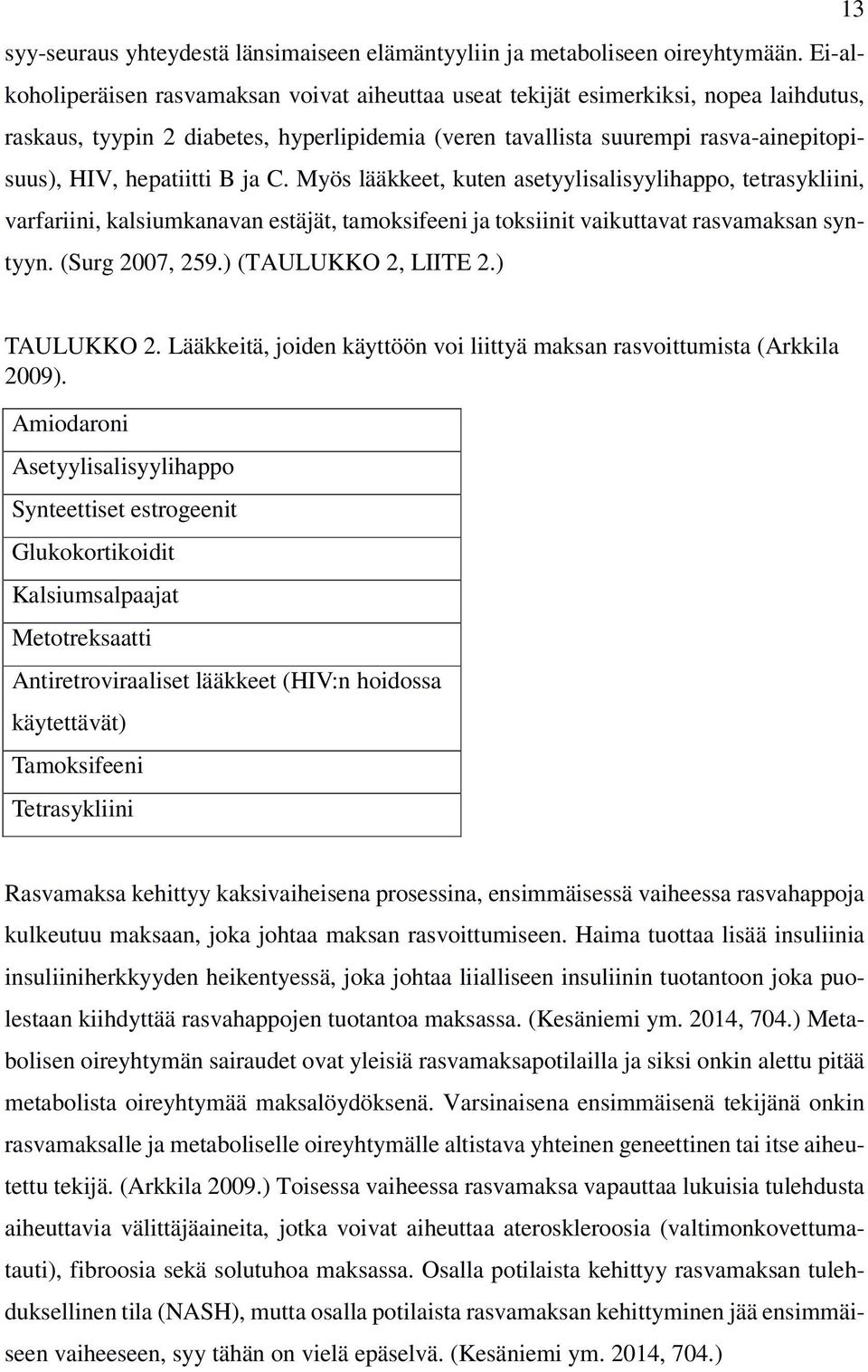 hepatiitti B ja C. Myös lääkkeet, kuten asetyylisalisyylihappo, tetrasykliini, varfariini, kalsiumkanavan estäjät, tamoksifeeni ja toksiinit vaikuttavat rasvamaksan syntyyn. (Surg 2007, 259.