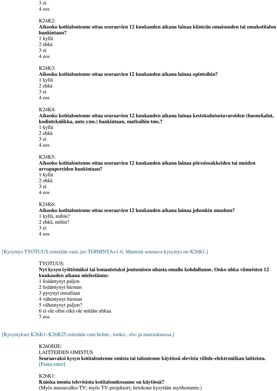 K24K4: Aikooko kotitaloutenne ottaa seuraavien 12 kuukauden aikana lainaa kestokulutustavaroiden (huonekalut, kodintekniikka, auto yms.) hankintaan, matkoihin tms.