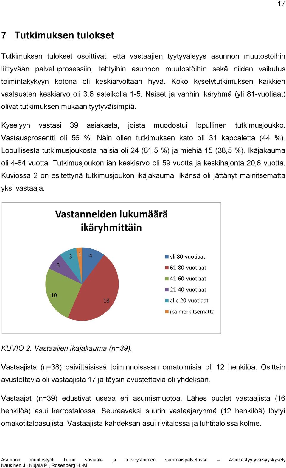 Naiset ja vanhin ikäryhmä (yli 81-vuotiaat) olivat tutkimuksen mukaan tyytyväisimpiä. Kyselyyn vastasi 39 asiakasta, joista muodostui lopullinen tutkimusjoukko. Vastausprosentti oli 56 %.