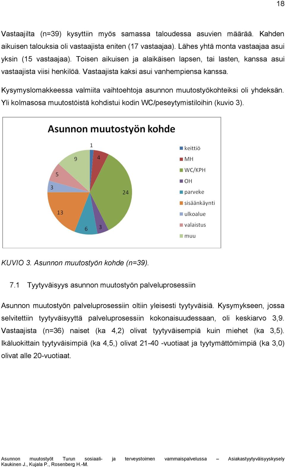 Kysymyslomakkeessa valmiita vaihtoehtoja asunnon muutostyökohteiksi oli yhdeksän. Yli kolmasosa muutostöistä kohdistui kodin WC/peseytymistiloihin (kuvio 3). KUVIO 3. Asunnon muutostyön kohde (n=39).