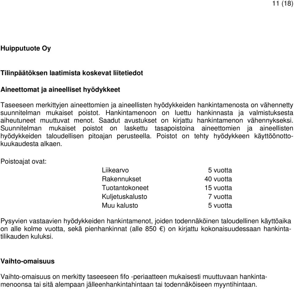 Suunnitelman mukaiset poistot on laskettu tasapoistoina aineettomien ja aineellisten hyödykkeiden taloudellisen pitoajan perusteella. Poistot on tehty hyödykkeen käyttöönottokuukaudesta alkaen.