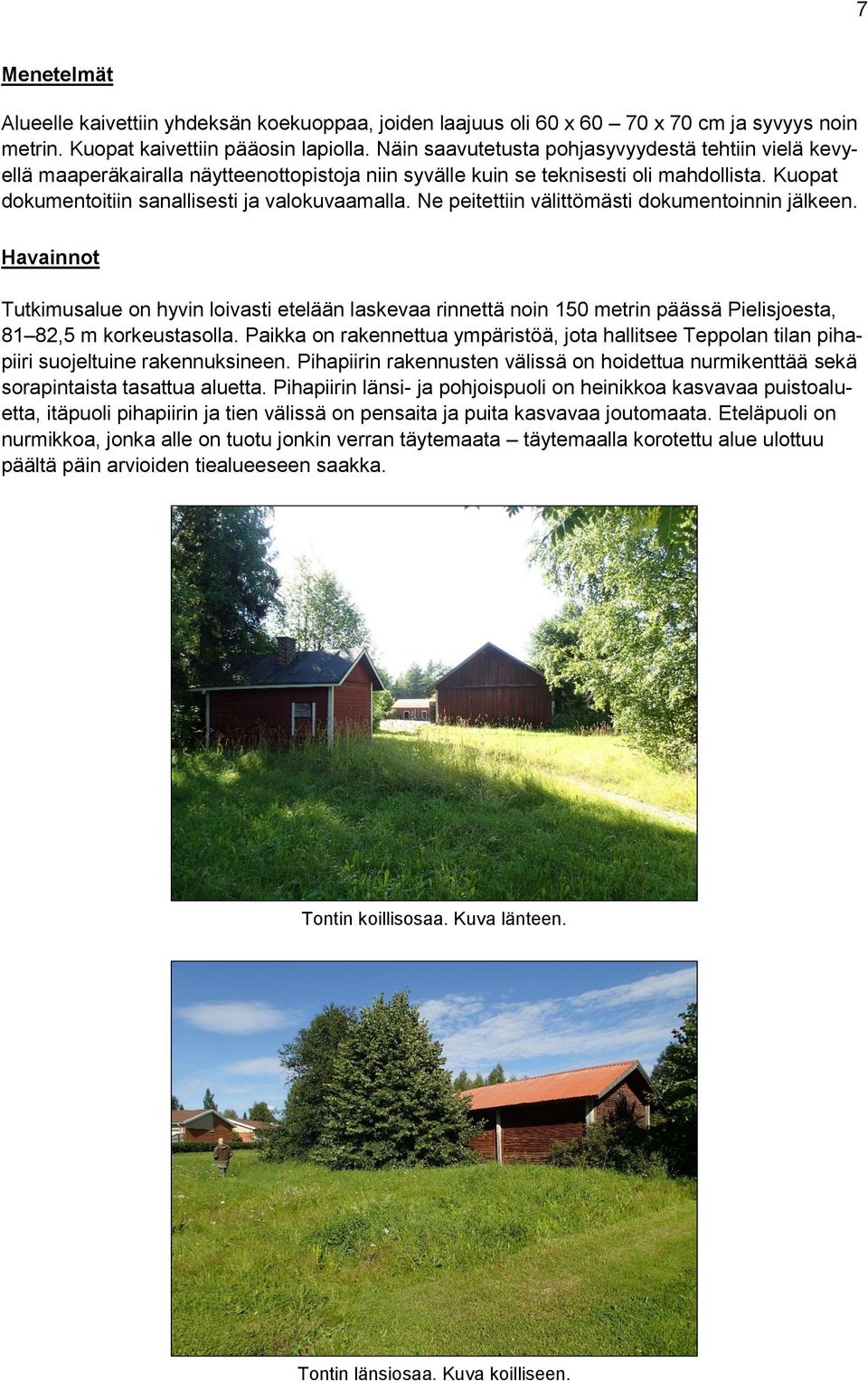 Ne peitettiin välittömästi dokumentoinnin jälkeen. Havainnot Tutkimusalue on hyvin loivasti etelään laskevaa rinnettä noin 150 metrin päässä Pielisjoesta, 81 82,5 m korkeustasolla.