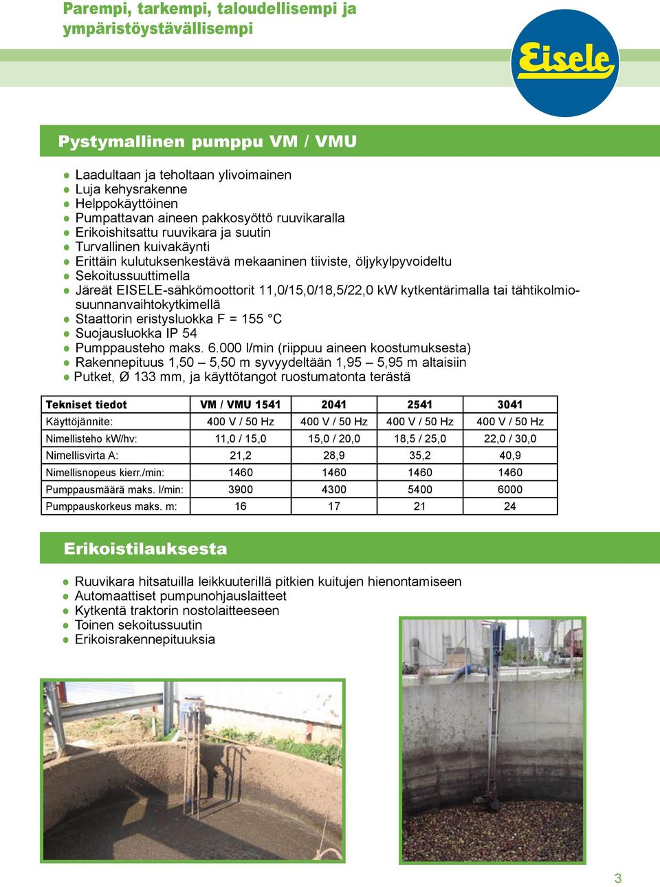 11,0/15,0/18,5/22,0 kw kytkentärimalla tai tähtikolmiosuunnanvaihtokytkimellä Staattorin eristysluokka F = 155 C Suojausluokka IP 54 Pumppausteho maks. 6.