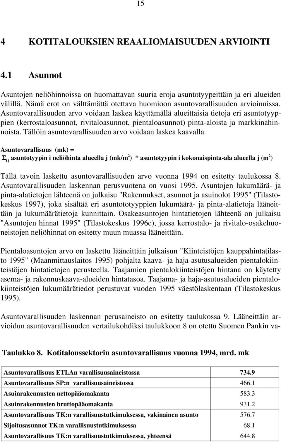 Asuntovarallisuuden arvo voidaan laskea käyttämällä alueittaisia tietoja eri asuntotyyppien (kerrostaloasunnot, rivitaloasunnot, pientaloasunnot) pinta-aloista ja markkinahinnoista.