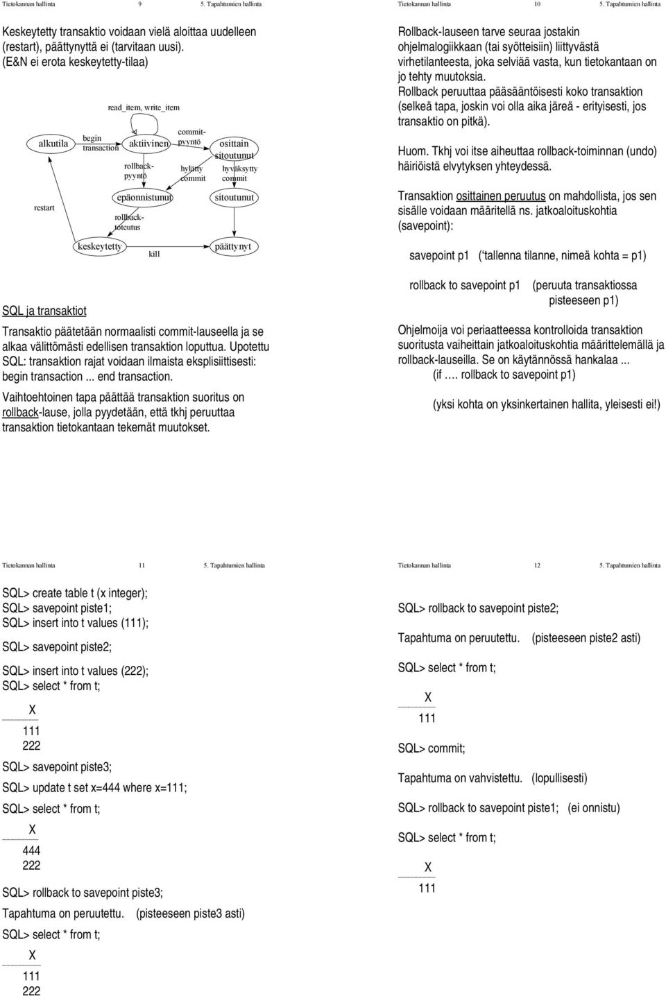 hyväksytty commit rollbacktoteutus kill sitoutunut päättynyt SQL ja transaktiot Transaktio päätetään normaalisti commit-lauseella ja se alkaa välittömästi edellisen transaktion loputtua.