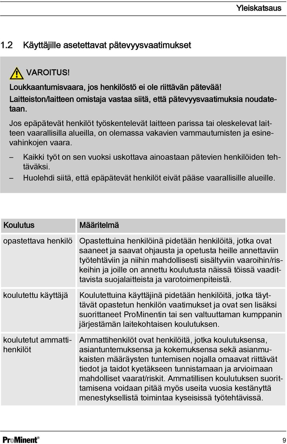 Jos epäpätevät henkilöt työskentelevät laitteen parissa tai oleskelevat laitteen vaarallisilla alueilla, on olemassa vakavien vammautumisten ja esinevahinkojen vaara.