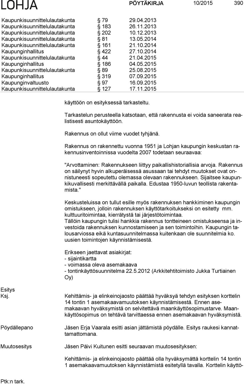 2015 Kaupunginhallitus 319 07.09.2015 Kaupunginvaltuusto 97 16.09.2015 Kaupunkisuunnittelulautakunta 127 17.11.2015 käyttöön on esityksessä tarkasteltu.