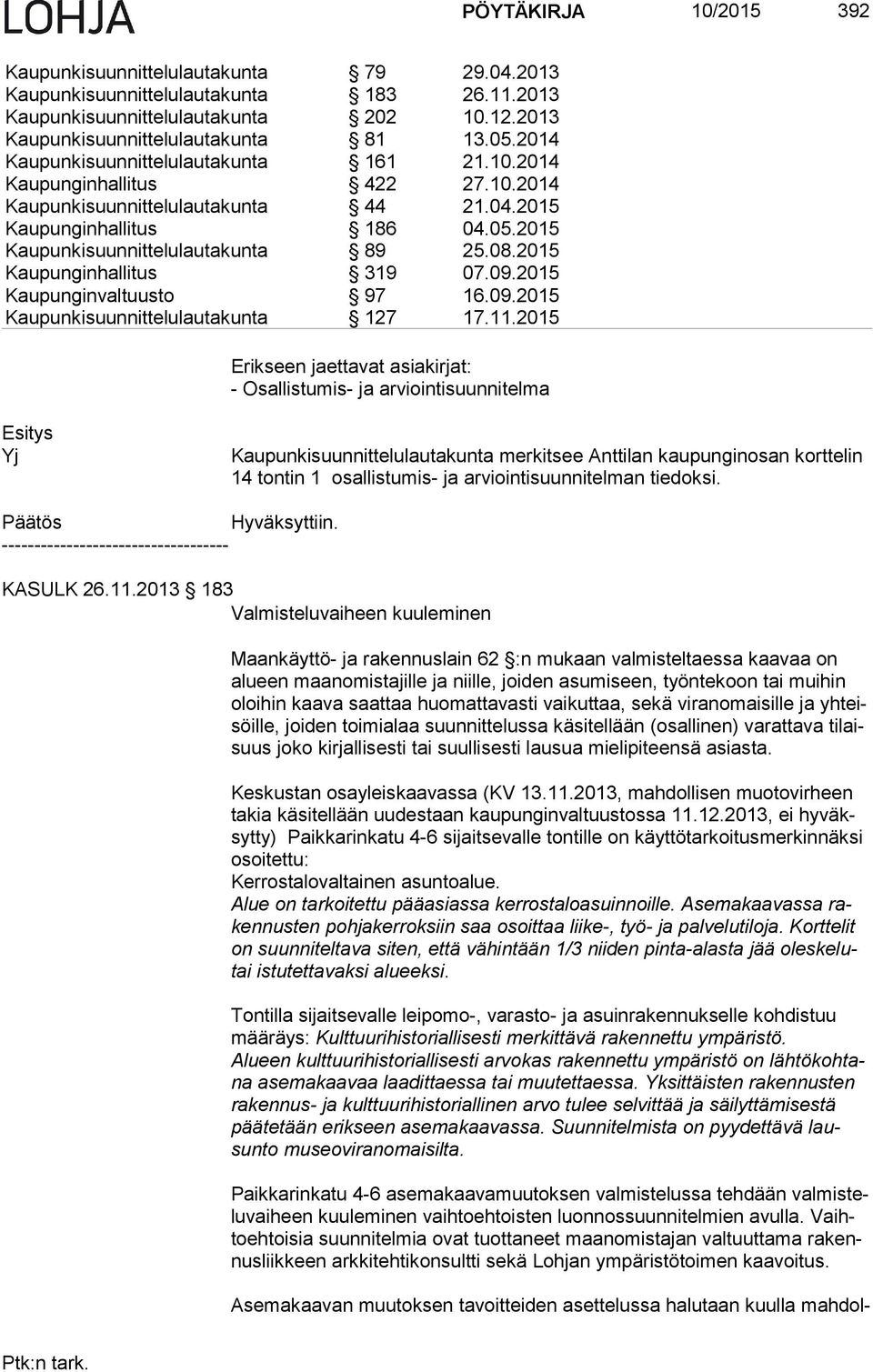 2015 Kaupunginhallitus 319 07.09.2015 Kaupunginvaltuusto 97 16.09.2015 Kaupunkisuunnittelulautakunta 127 17.11.