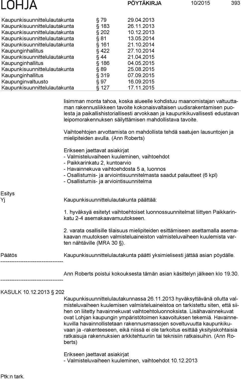 2015 Kaupunginhallitus 319 07.09.2015 Kaupunginvaltuusto 97 16.09.2015 Kaupunkisuunnittelulautakunta 127 17.11.