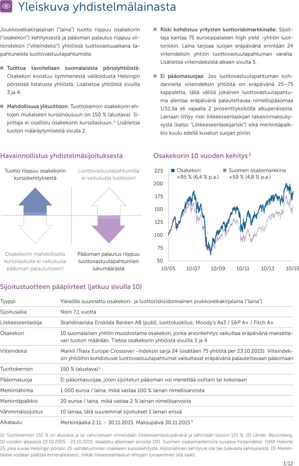 Lisätietoa yhtiöistä sivuilla 3 ja 4. Mahdollisuus ylituottoon: Tuottokerroin osakekorin ehtojen mukaiseen kurssinousuun on 150 % (alustava). Sijoittaja ei osallistu osakekorin kurs silaskuun.