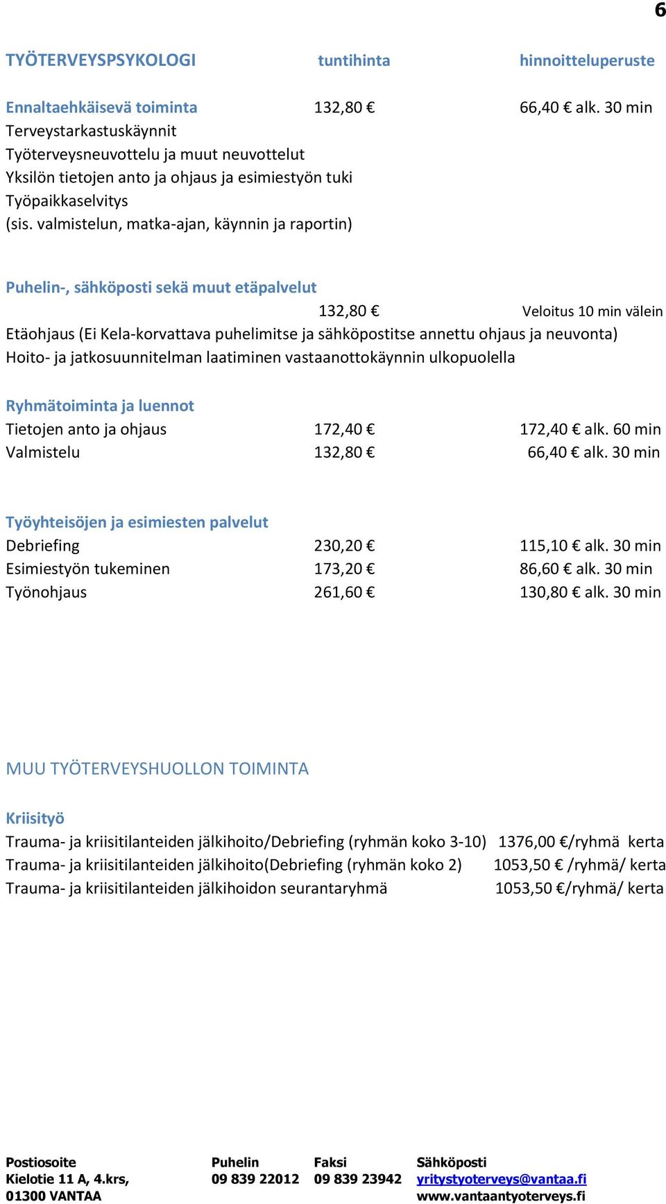 valmistelun, matka-ajan, käynnin ja raportin) Puhelin-, sähköposti sekä muut etäpalvelut 132,80 Veloitus 10 min välein Etäohjaus (Ei Kela-korvattava puhelimitse ja sähköpostitse annettu ohjaus ja