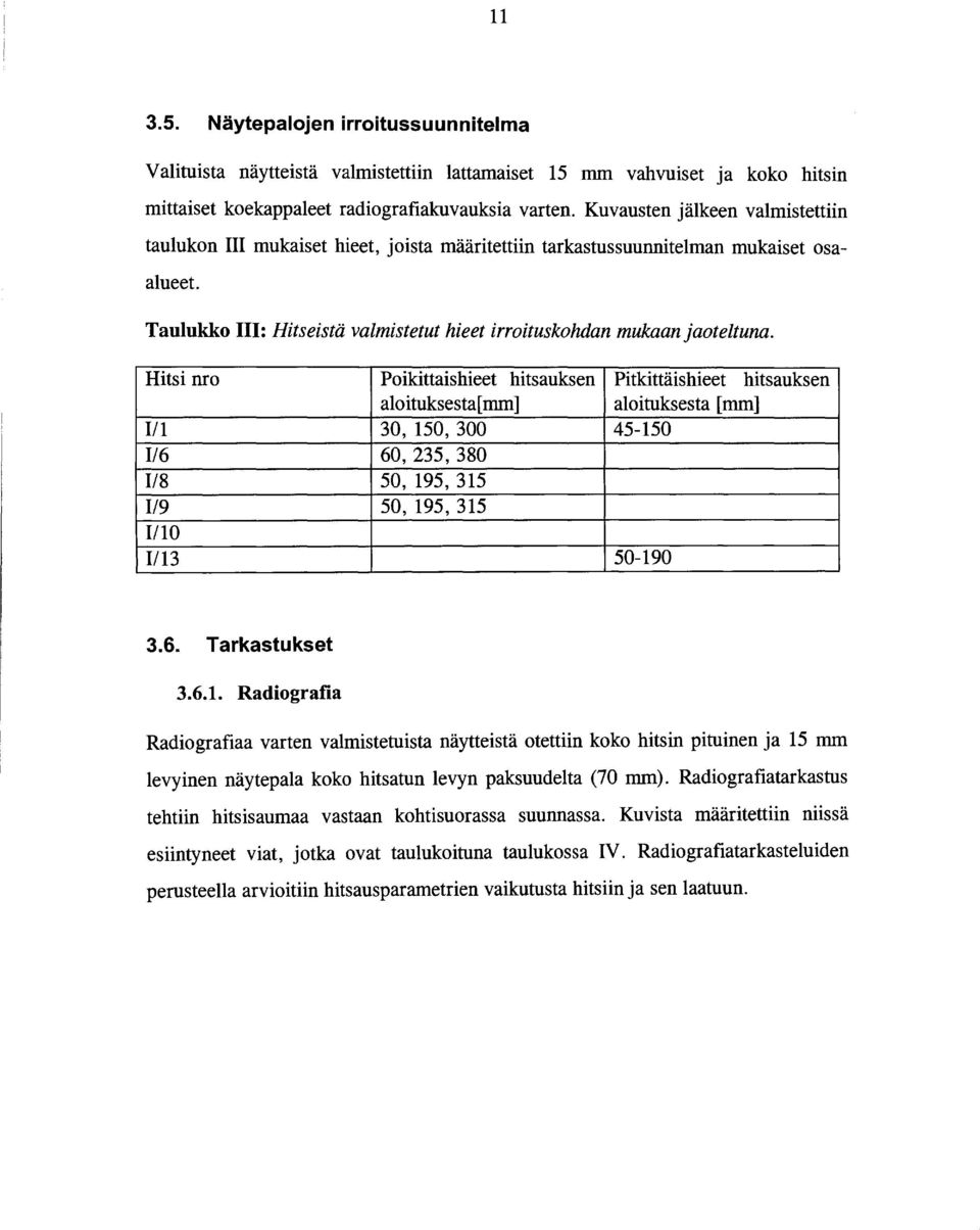 Hitsi nro Poikittaishieet hitsauksen Pitkittäishieet hitsauksen aloituksesta[ mm] aloituksesta [mm] 111 30, 150, 300 45-150 116 60, 235, 380 118 50, 195, 315 119 50, 195, 315 1110 1113 50-190 3.6. Tarkastukset 3.