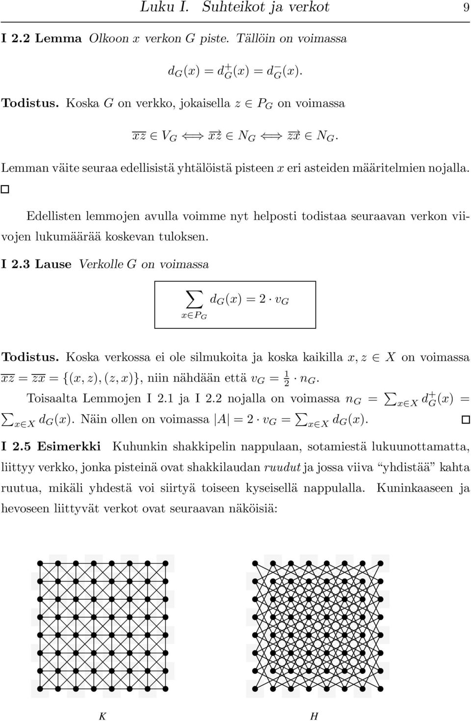 I 2.3 Lause Verkolle G on voimassa d G (x) = 2 v G x P G Todistus. Koska verkossa ei ole silmukoita ja koska kaikilla x, z X on voimassa xz = zx = {(x, z), (z, x)}, niin nähdään että v G = 1 2 n G.