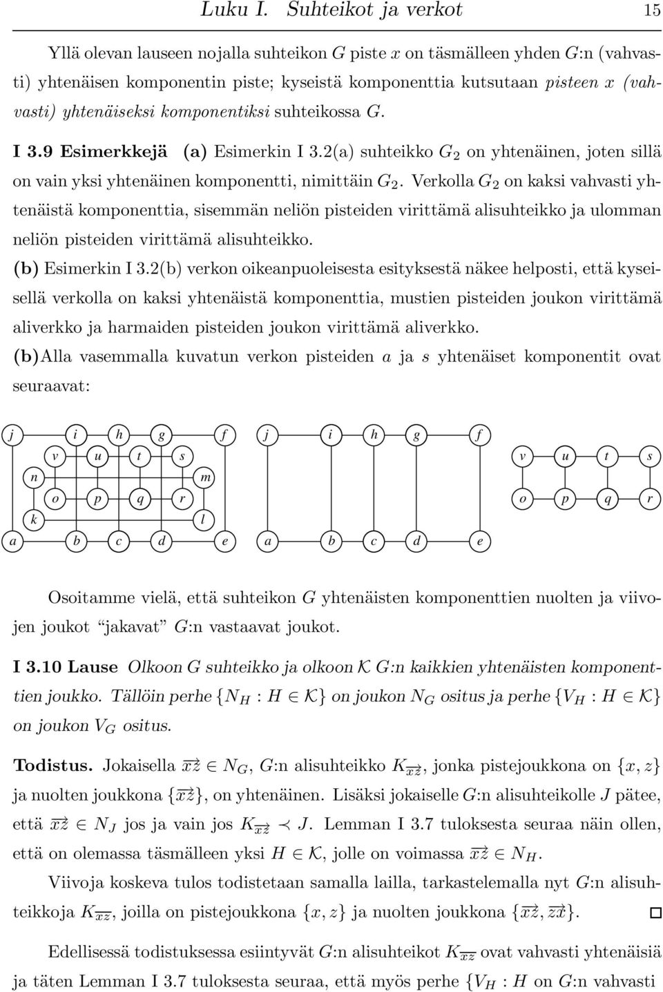 yhtenäiseksi komponentiksi suhteikossa G. I 3.9 Esimerkkejä (a) Esimerkin I 3.2(a) suhteikko G 2 on yhtenäinen, joten sillä on vain yksi yhtenäinen komponentti, nimittäin G 2.