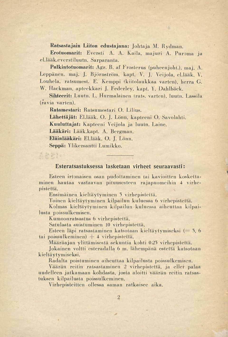 varten), luutn. Lassila (ravia varten). Ratamestari: Ratsumestari O. Lilius. Lähettäjät: El.lääk. O. J. Lönn. kapteeni O. Savulahti. Kuuluttajat: Kapteeni Veijola ja luutn. Laine. Lääkäri: Lääk.kapt. A.