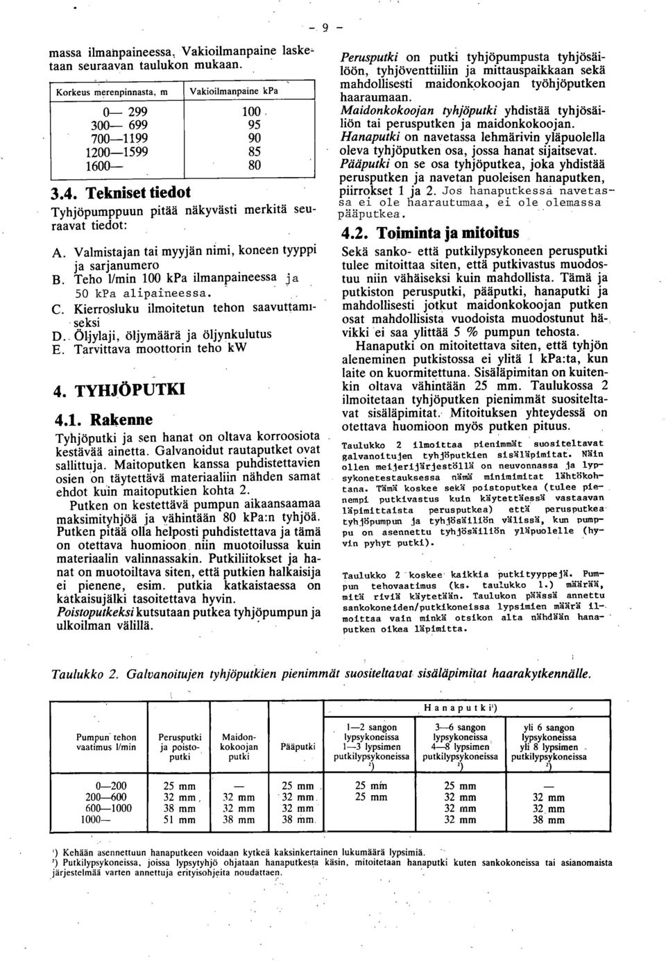 Kierrpsluku ilmoitetun tehon saavuttamiseksi Öljylaji, öljymäärä ja öljynkulutus Tarvittava moottorin teho kw 4. TYHJÖPUTKI 4.1. Rakenne Tyhjöputki ja sen hanat on oltava korroosiota kestävää ainetta.