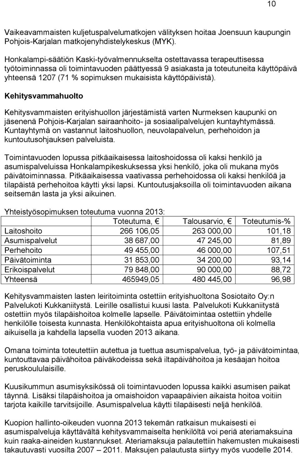 käyttöpäivistä). Kehitysvammahuolto Kehitysvammaisten erityishuollon järjestämistä varten Nurmeksen kaupunki on jäsenenä Pohjois-Karjalan sairaanhoito- ja sosiaalipalvelujen kuntayhtymässä.