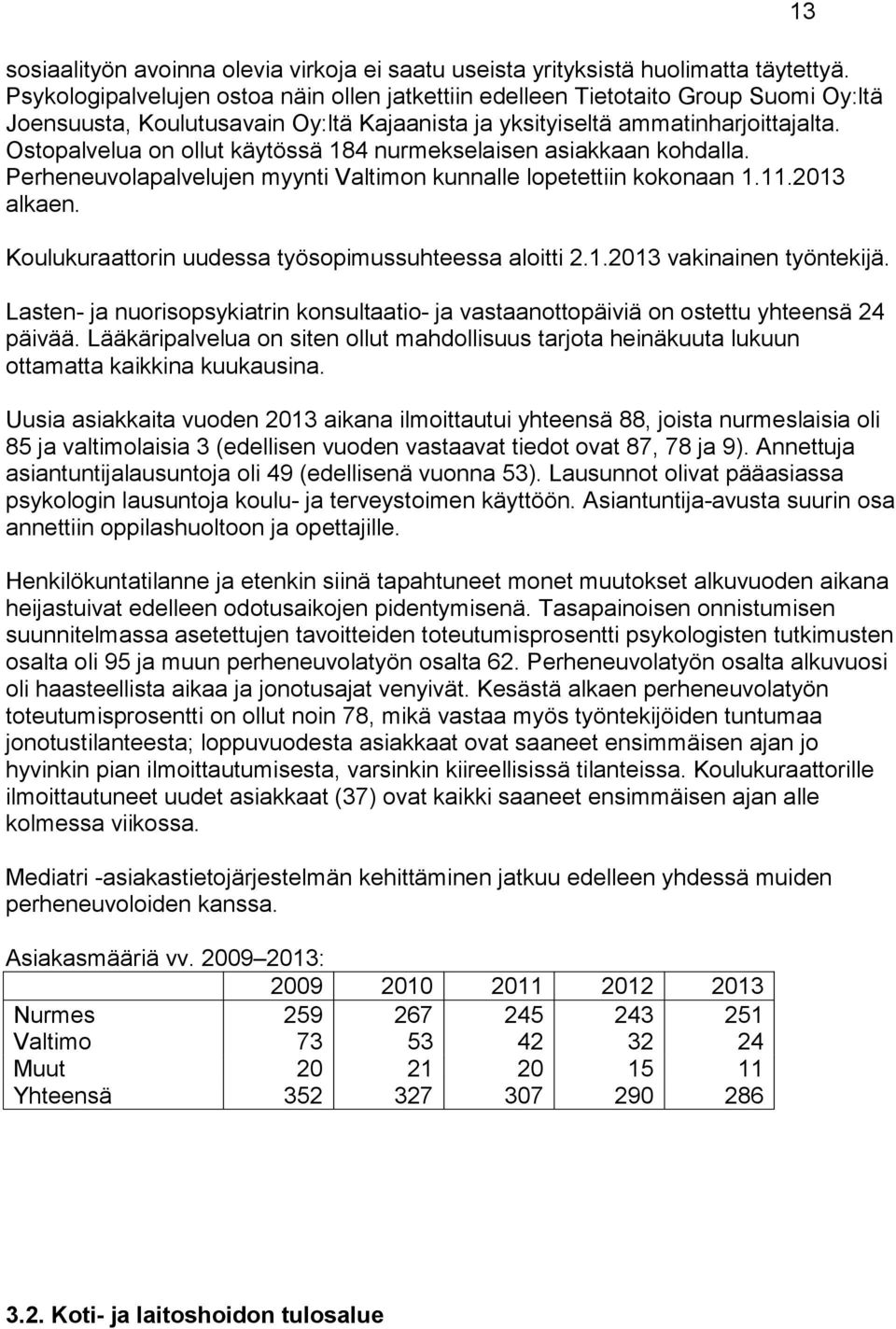 Ostopalvelua on ollut käytössä 184 nurmekselaisen asiakkaan kohdalla. Perheneuvolapalvelujen myynti Valtimon kunnalle lopetettiin kokonaan 1.11.2013 alkaen.