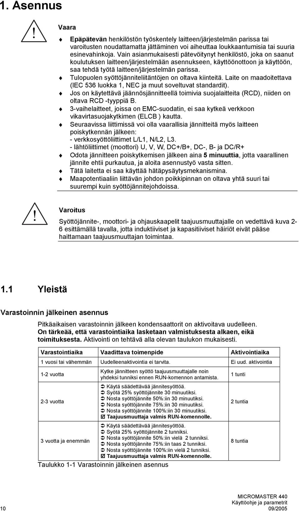 Tulopuolen syöttöjänniteliitäntöjen on oltava kiinteitä. Laite on maadoitettava (IEC 56 luokka, NEC ja muut soveltuvat standardit).