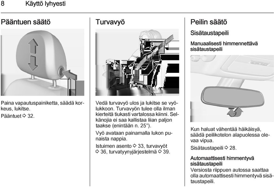 Selkänojia ei saa kallistaa liian paljon taakse (enintään n. 25 ). Vyö avataan painamalla lukon punaista nappia.