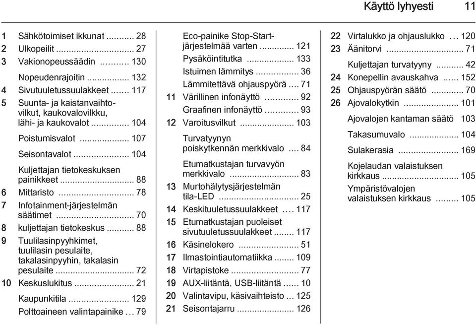 .. 78 7 Infotainment-järjestelmän säätimet... 70 8 kuljettajan tietokeskus... 88 9 Tuulilasinpyyhkimet, tuulilasin pesulaite, takalasinpyyhin, takalasin pesulaite... 72 10 Keskuslukitus.