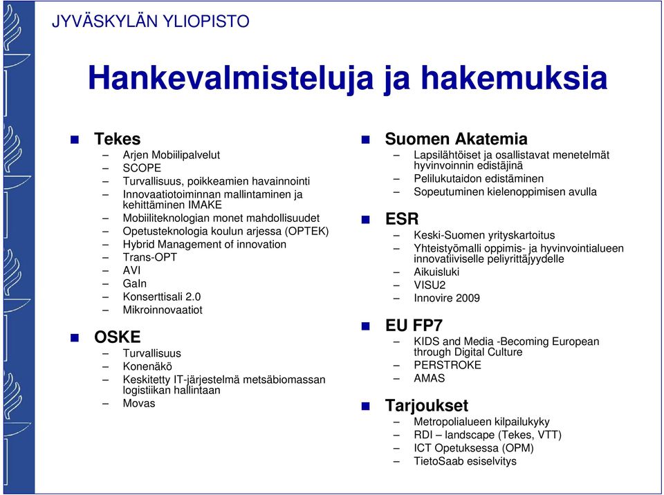 0 Mikroinnovaatiot OSKE Turvallisuus Konenäkö Keskitetty IT-järjestelmä metsäbiomassan logistiikan hallintaan Movas Suomen Akatemia Lapsilähtöiset ja osallistavat menetelmät hyvinvoinnin edistäjinä