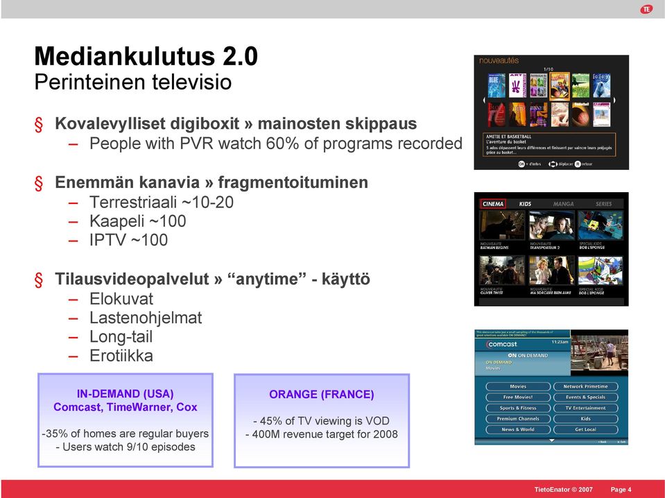 Enemmän kanavia» fragmentoituminen Terrestriaali ~10-20 Kaapeli ~100 IPTV ~100 Tilausvideopalvelut» anytime - käyttö