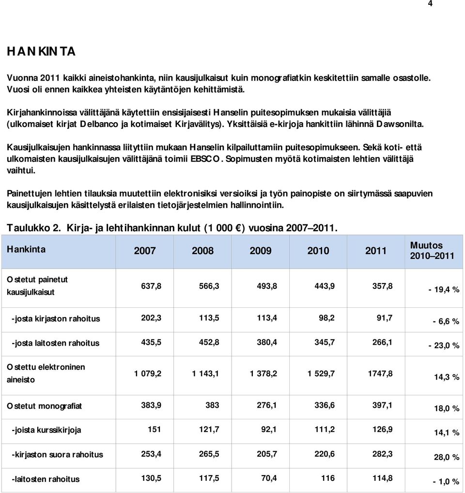 Yksittäisiä e-kirjoja hankittiin lähinnä Dawsonilta. Kausijulkaisujen hankinnassa liityttiin mukaan Hanselin kilpailuttamiin puitesopimukseen.