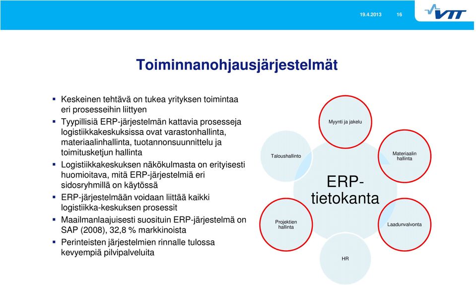 mitä ERP-järjestelmiä eri sidosryhmillä on käytössä ERP-järjestelmään voidaan liittää kaikki logistiikka-keskuksen prosessit Maailmanlaajuisesti suosituin ERP-järjestelmä on SAP
