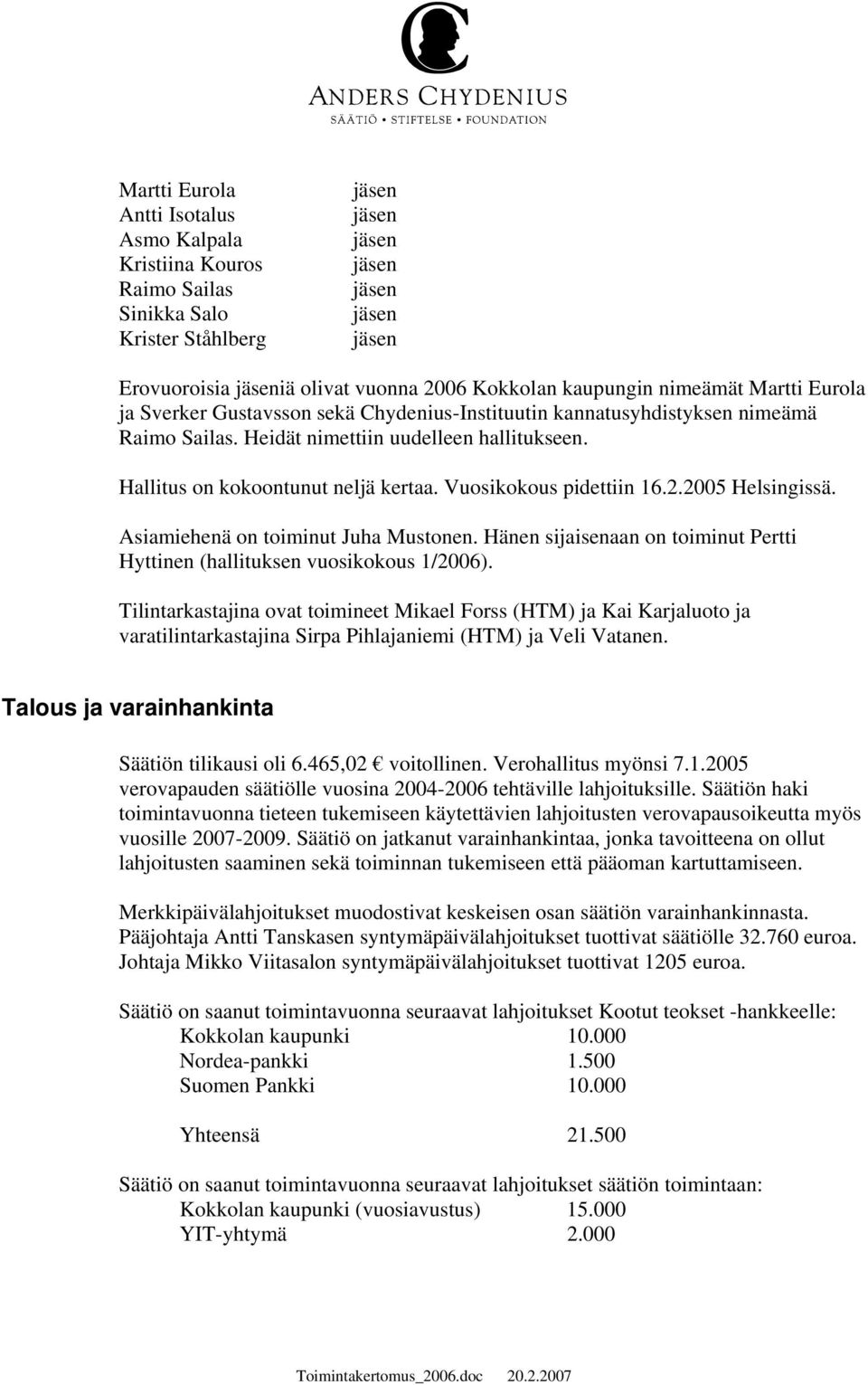 2005 Helsingissä. Asiamiehenä on toiminut Juha Mustonen. Hänen sijaisenaan on toiminut Pertti Hyttinen (hallituksen vuosikokous 1/2006).