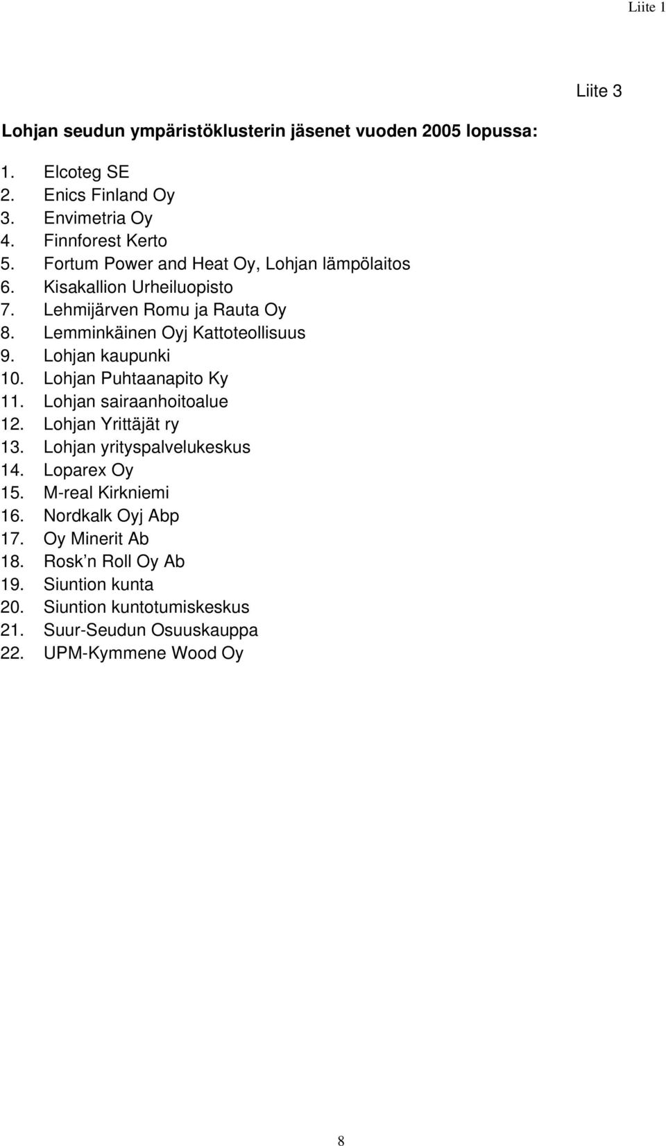 Lohjan kaupunki 10. Lohjan Puhtaanapito Ky 11. Lohjan sairaanhoitoalue 12. Lohjan Yrittäjät ry 13. Lohjan yrityspalvelukeskus 14. Loparex Oy 15.