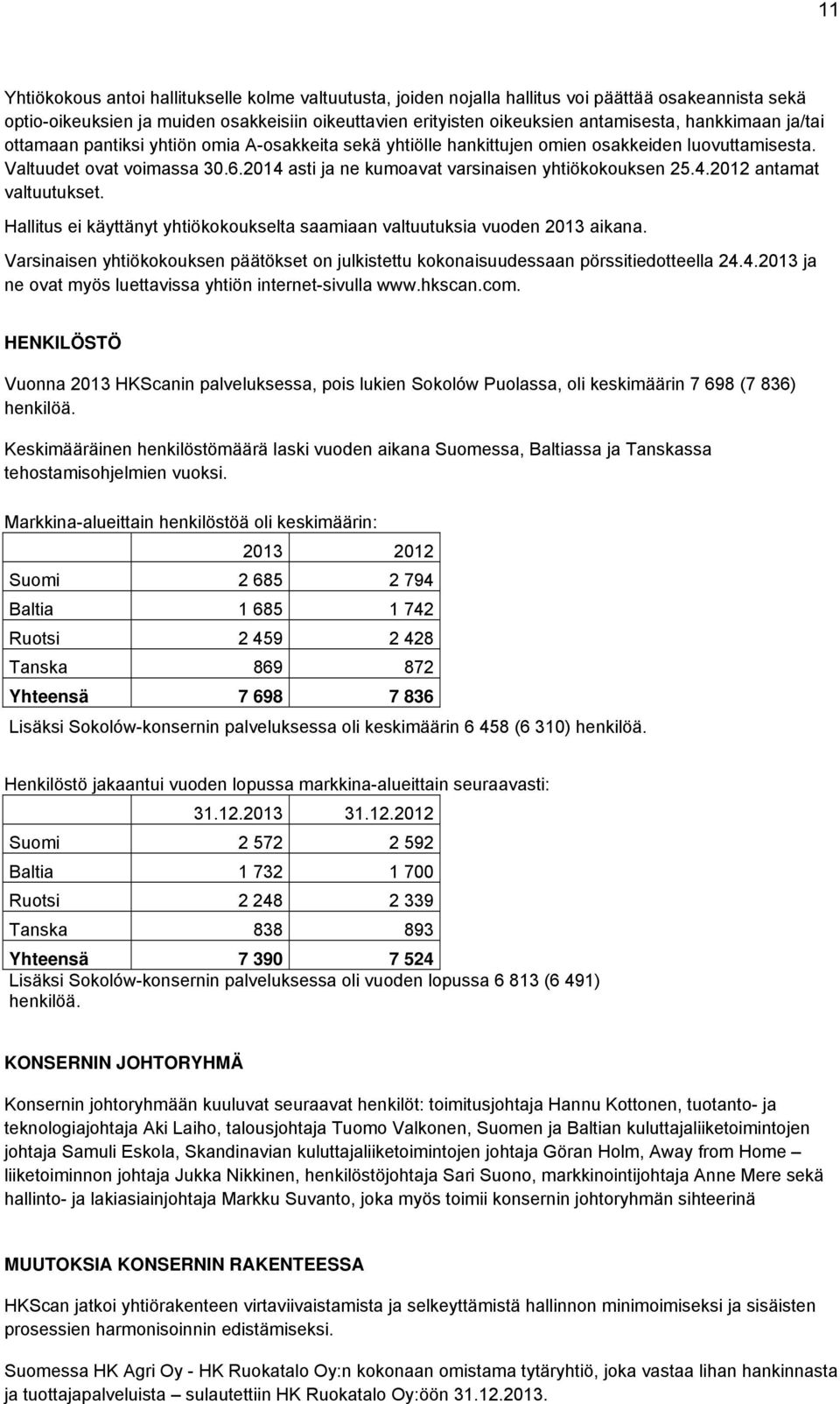 2014 asti ja ne kumoavat varsinaisen yhtiökokouksen 25.4.2012 antamat valtuutukset. Hallitus ei käyttänyt yhtiökokoukselta saamiaan valtuutuksia vuoden 2013 aikana.