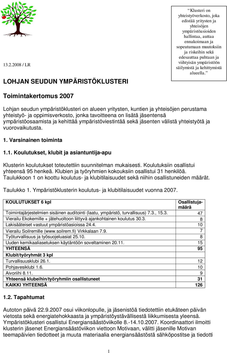 Toimintakertomus 2007 Lohjan seudun ympäristöklusteri on alueen yritysten, kuntien ja yhteisöjen perustama yhteistyö- ja oppimisverkosto, jonka tavoitteena on lisätä jäsentensä ympäristöosaamista ja