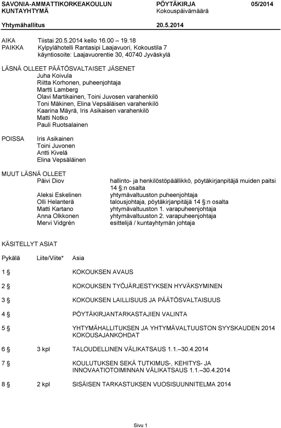 Lamberg Olavi Martikainen, Toini Juvosen varahenkilö Toni Mäkinen, Elina Vepsäläisen varahenkilö Kaarina Mäyrä, Iris Asikaisen varahenkilö Matti Notko Pauli Ruotsalainen POISSA Iris Asikainen Toini