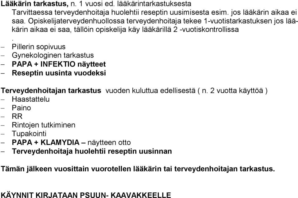 Pillerin sopivuus Gynekologinen tarkastus PAPA + INFEKTIO näytteet Reseptin uusinta vuodeksi Terveydenhoitajan tarkastus vuoden kuluttua edellisestä ( n.
