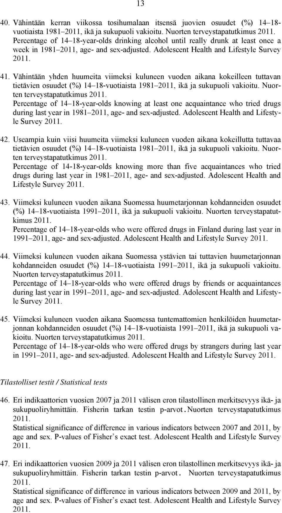 Vähintään yhden huumeita viimeksi kuluneen vuoden aikana kokeilleen tuttavan tietävien osuudet (%) 14 18-vuotiaista 1981 2011, ikä ja sukupuoli vakioitu.