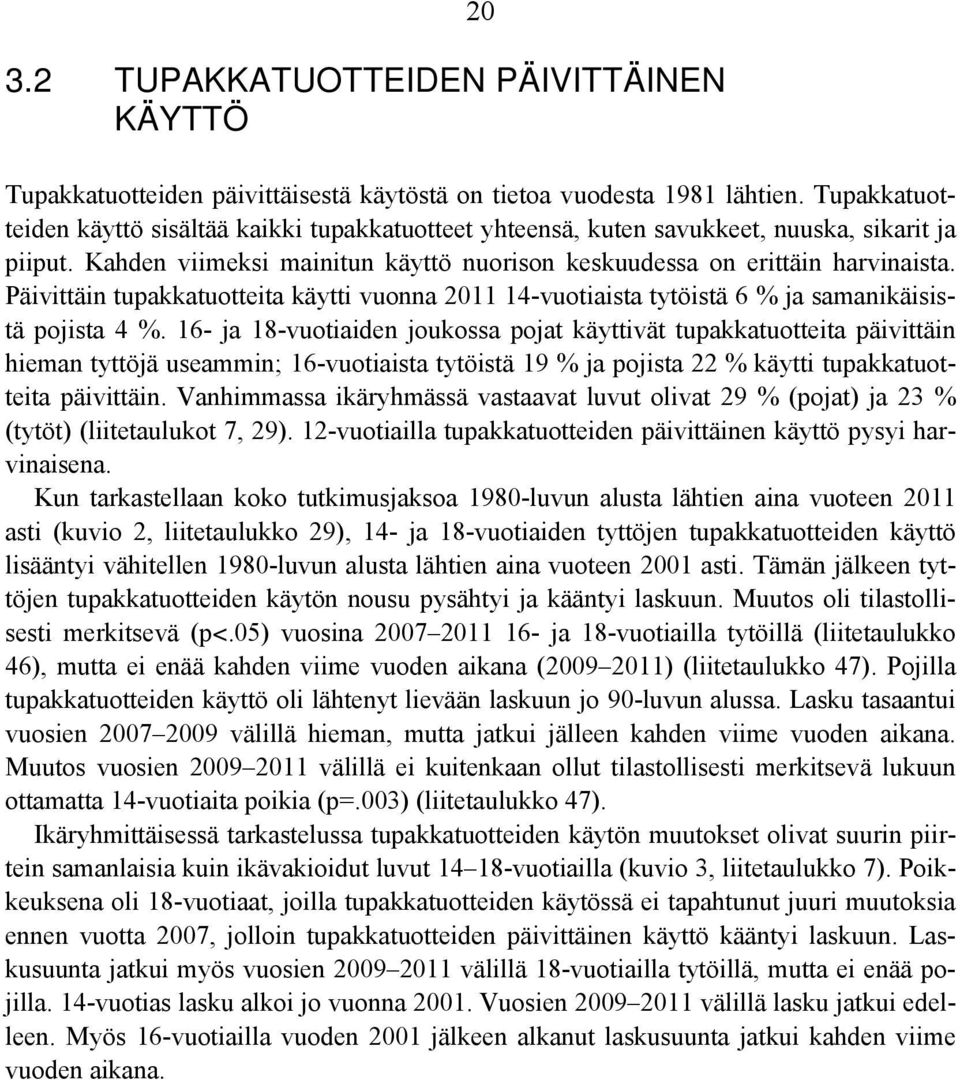 Päivittäin tupakkatuotteita käytti vuonna 2011 14-vuotiaista tytöistä 6 % ja samanikäisistä pojista 4 %.