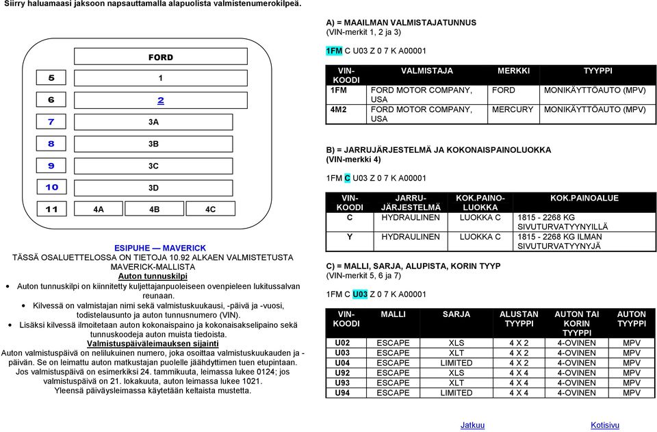 PAINOALUE JÄRJESTELMÄ LUOKKA C HYDRAULINEN LUOKKA C - KG SIVUTURVATYYNYILLÄ Y HYDRAULINEN LUOKKA C - KG ILMAN SIVUTURVATYYNYJÄ C) = MALLI, SARJA, ALUPISTA, KORIN TYYP (merkit, ja ) MALLI SARJA