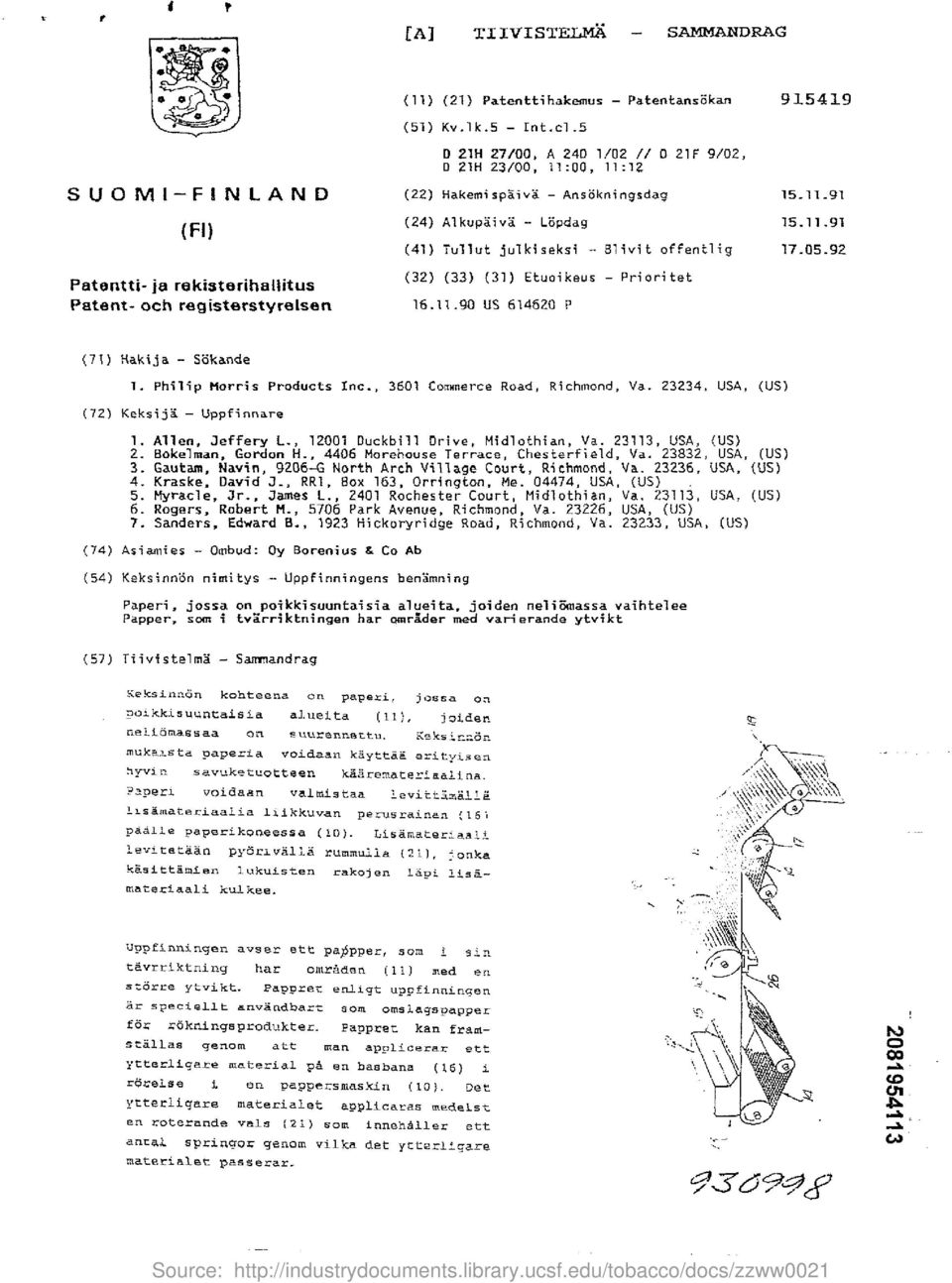 05.92 Patantti- ja rekisterihallitus Patent- och registerstyrelsen (32) (33) (31) Etuaikeus - Prioritet 16.11.90 US 614620 P (71) Hakija - Sbkande 1. Philip Morris Products Inc.