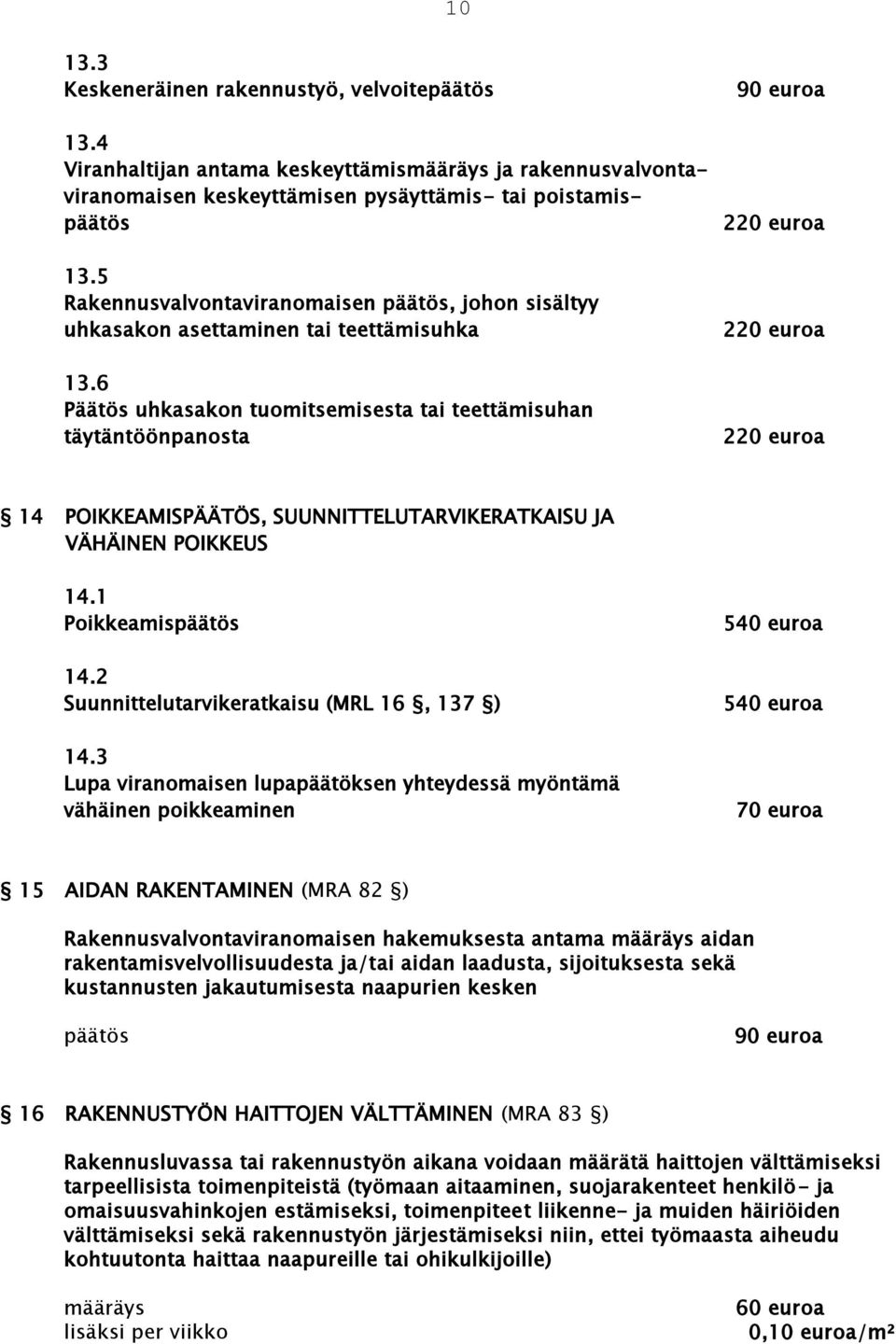 6 Päätös uhkasakon tuomitsemisesta tai teettämisuhan täytäntöönpanosta 90 euroa 220 euroa 220 euroa 220 euroa 14 POIKKEAMISPÄÄTÖS, SUUNNITTELUTARVIKERATKAISU JA VÄHÄINEN POIKKEUS 14.