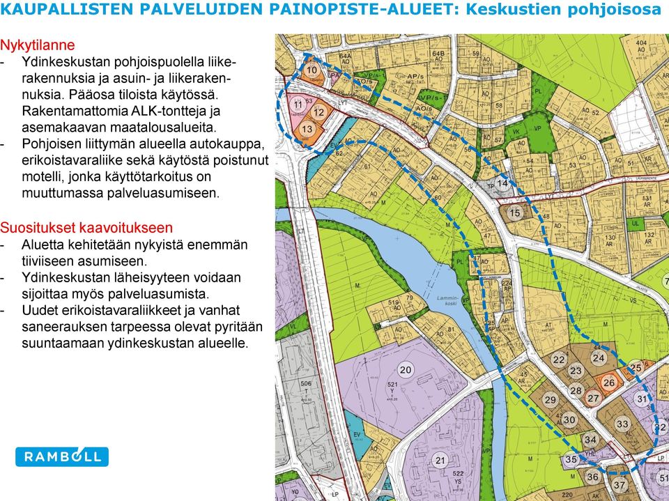 - Pohjoisen liittymän alueella autokauppa, erikoistavaraliike sekä käytöstä poistunut motelli, jonka käyttötarkoitus on muuttumassa palveluasumiseen.