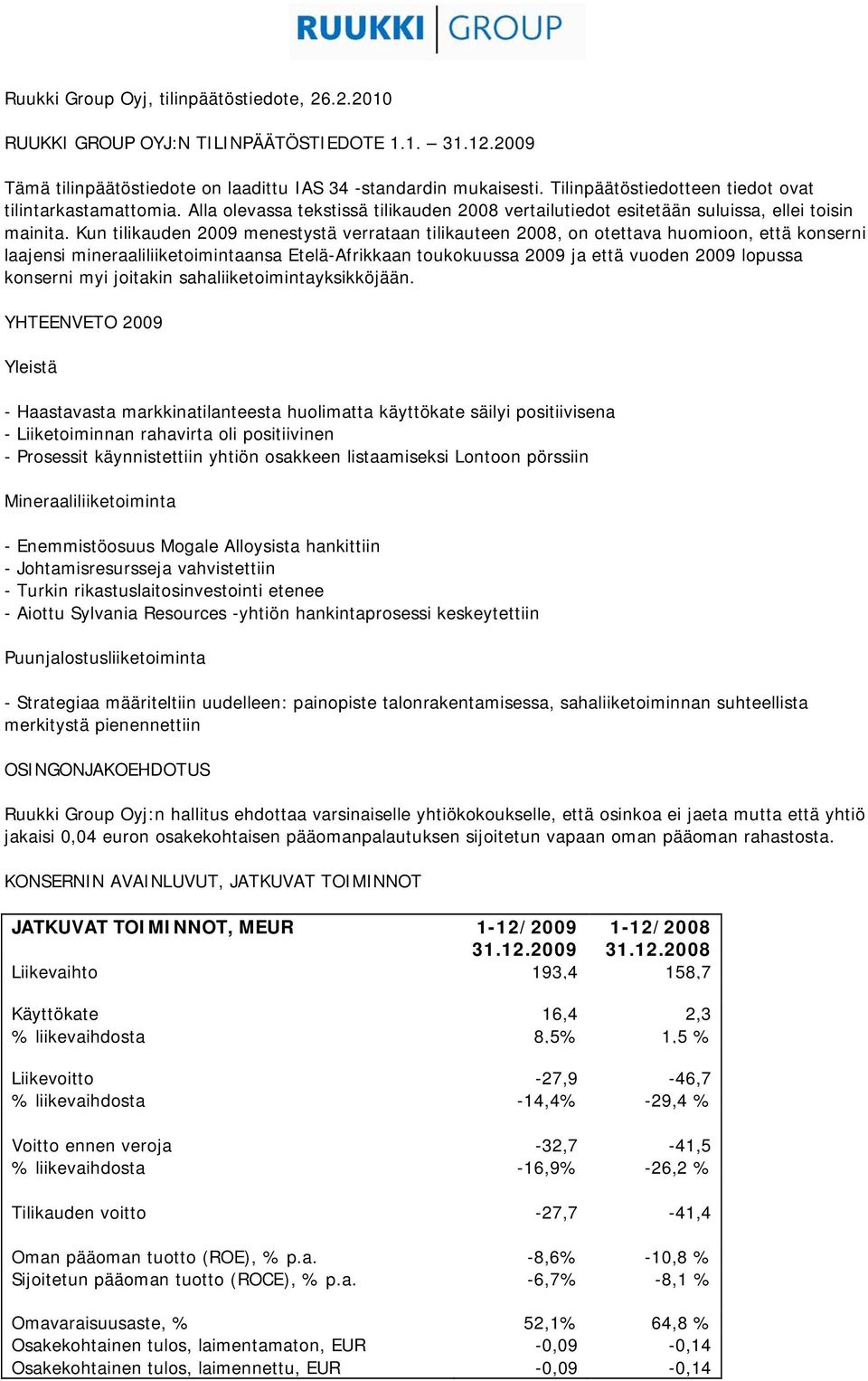 Kun tilikauden 2009 menestystä verrataan tilikauteen 2008, on otettava huomioon, että konserni laajensi mineraaliliiketoimintaansa Etelä-Afrikkaan toukokuussa 2009 ja että vuoden 2009 lopussa